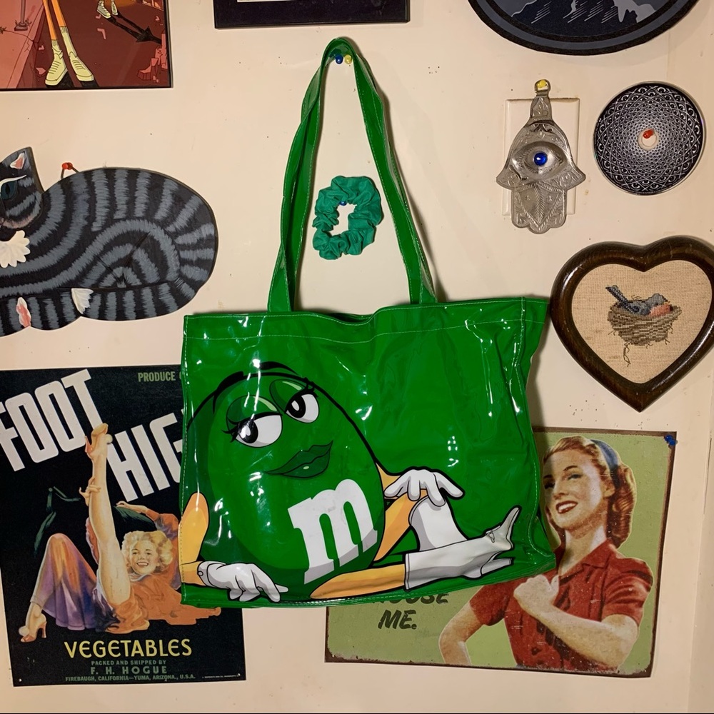Green M&M vinyl tote bag